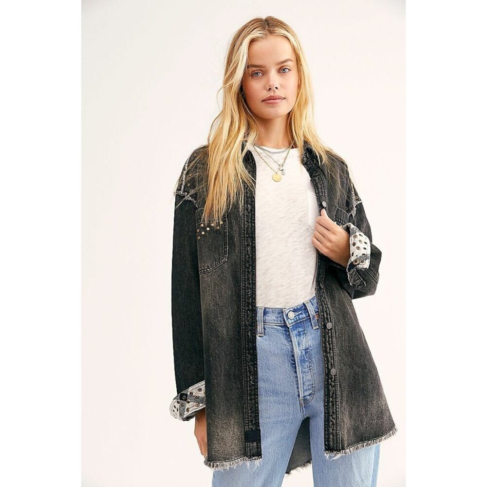 Free People We The Free Cascades Studded Black Denim Oversized Shirt Size S NEW